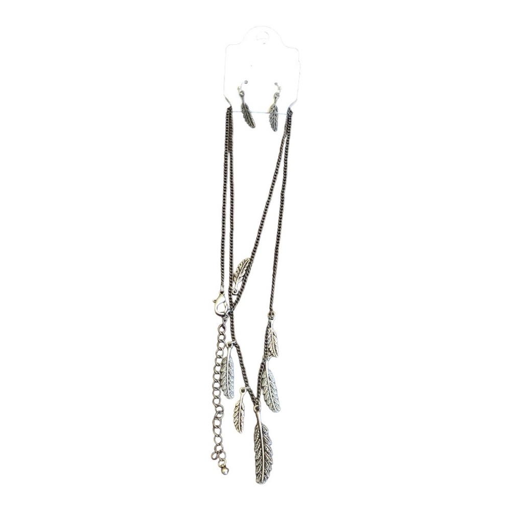 Vip 14" Feather Necklace and 1" Feather Earrings Set Women's Silver Tone/Black